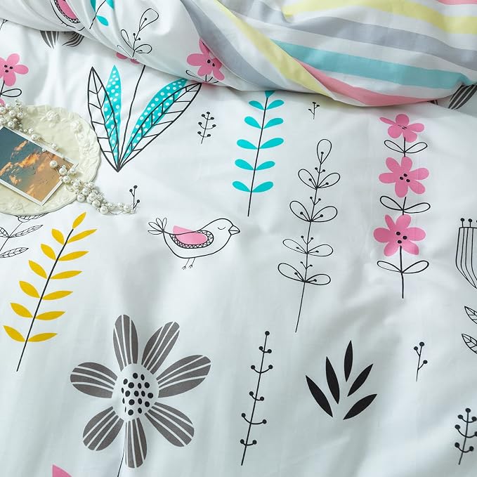 mixinni Girls Flower Leaves Pattern on White Duvet Cover Twin Size Colorful Striped Bedding Comforter Cover Set with Zipper Closure 4 Corner Ties for Teenage Girls (1 Duvet Cover + 2 Pillowcases)