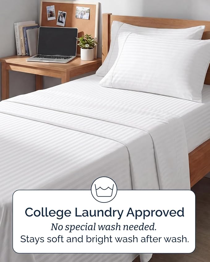 Twin 4 Piece Bed Sheet Set - Breathable & Cooling Sheets - Striped White | Ultra Soft Hotel Luxury Bedding Set with 8-16 Inch Deep Pockets, 1 Flat & 1 Fitted Sheet & 2 Pillowcases, Wrinkle & Fade Free