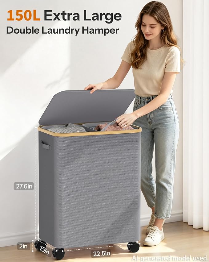 Double Laundry Basket with Wheels and Lid, 150L Clothes Hampers for Laundry | Large Laundry Hamper with 2 Sections & Removable Liner Bags, Rolling Dirty Clothes Basket for Bedroom Bathroom Dorm College