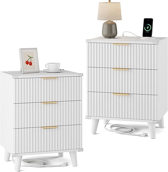 Wood Nightstands Set of 2 w/Charging Station, 3 Drawers Fluted Dresser | White, Large Drawers, Metal Silent Rails, FSC Wooden, Sturdy Legs, Modern Fluted Panel, Living Room, Bedside Table