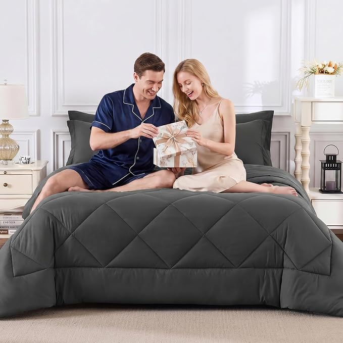 Super King Plus Comforter Set Dark Grey - 7 Pieces Bed in a Bag | OEKO-TEX Certified, All Season, 240GSM Down-Alternative Comforter, Sheets, Pillowcases & Shams, 14" Deep Pocket, Easy Care