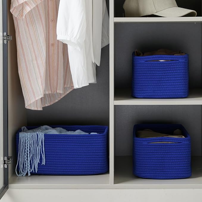 3 Pack Small Storage Baskets for Organizing, 11.8×7.8×5.1", Klein Blue | Woven Baskets for shelves, Cotton Rope Basket for Gifts Empty, Closet Organizer Bins with Handles, Cube Decorative Box