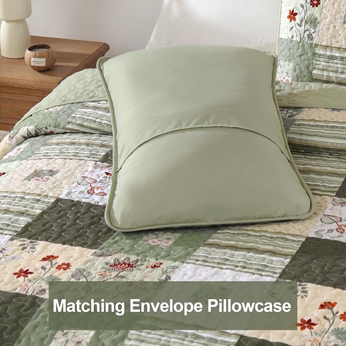 Anibedding Patchwork Quilt Set Queen Size, Green Floral Plaid Bedspread | 3 Pcs Country Floral Coverlet Set, Soft Lighweight Farmhouse Quilt Bedding Set 3 Pieces for All Season, 96''x90''