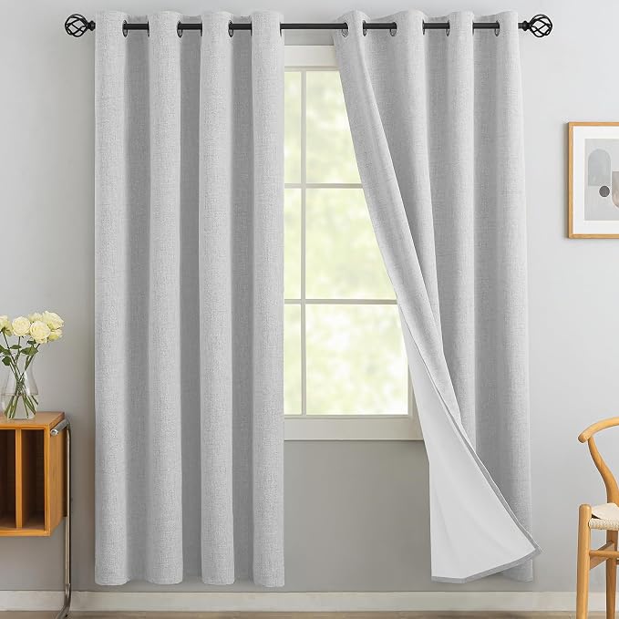 Yakamok White Linen Textured Curtains 72 Inches Long for Living Room | 100% Blackout Curtains,Room Darkening Curtains,Thermal Grommet Bedroom Curtain 2 Panels with Greyish White Liner,52W x 72L