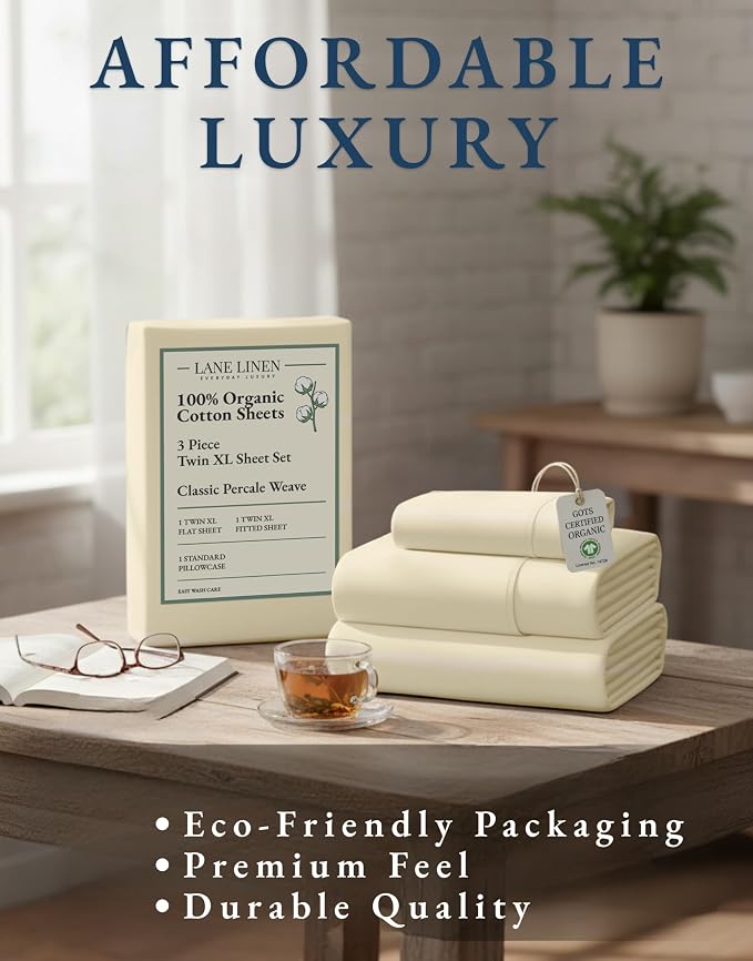 LANE LINEN Twin XL Bed Sheets 100% Organic Cotton 3pc Percale - Natural | Twin XL Sheet Set, 100% Organic Cotton Percale - Crisp Hotel-Style Feel, Soft From The First Wash, Crisp Cool Percale Weave