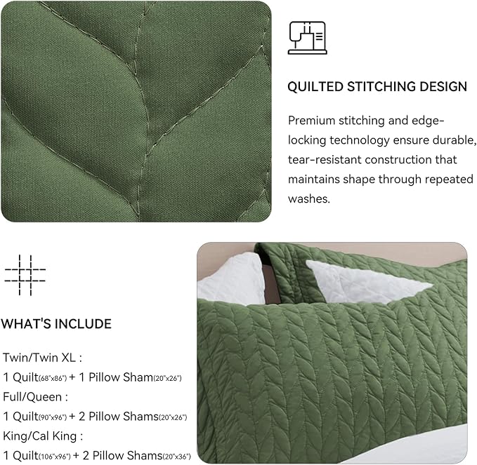 SunStyle Home Queen Quilt Bedding Set, Lightweight Summer Bedspreads,Green | Soft Coverlet With 2 Pillow Shams,Morden Style Quilts for All Season,Suitable for Bed, Couch,Bedroom,Guest Room,90"X96"