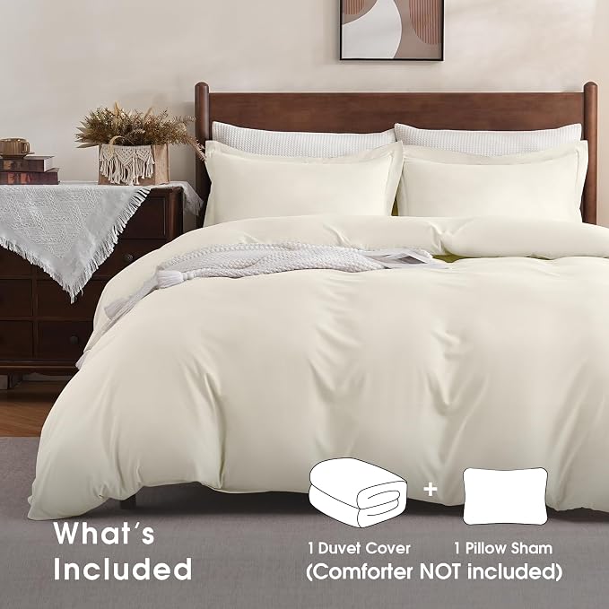 FreshCulture Twin Duvet Cover - 2 Pieces Microfiber Duvet Cover Set with Zipper Closure - Lightweight & Easy Care - 1 Comforter Cover & 1 Pillow Sham - Comforter Not Included (Ivory)