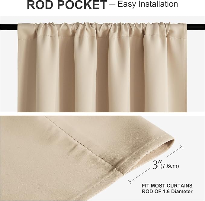 PONY DANCE Blackout Curtains for Bedroom 90 inches Long 2 Panels Set, Thermal Insulated Rod Pocket Black Out Window Drapes, Noise Reducing Window Treatment for Living Room(W42 x L90 inch, Beige)