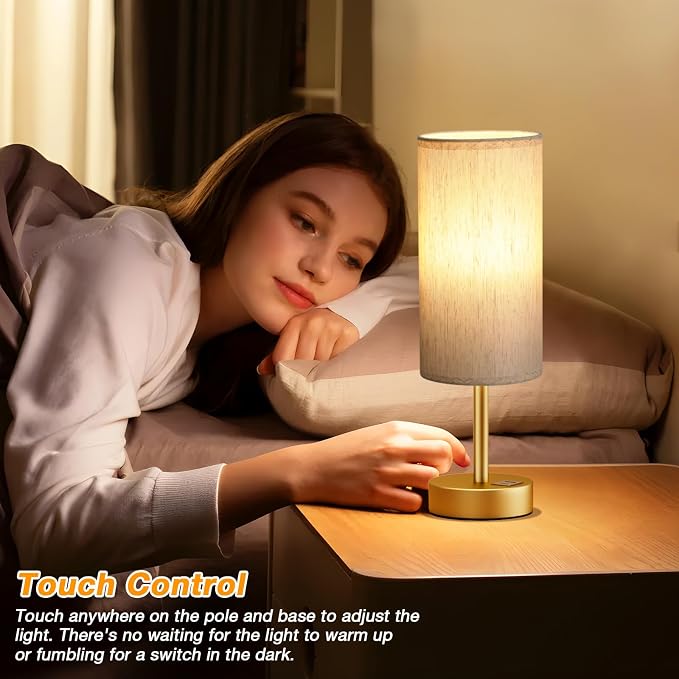 Dicoool Bedside Table Lamp for Bedroom - 3-Way Dimmable Touch Lamp, USB A+C | LED Bulb Included, 14" Small Nightstand Lamp for Desk, Living Room, Guest Room, Cream Fabric Lampshade, Gold Metal Base