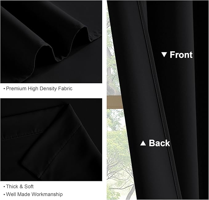PONY DANCE Black Out Curtains 72 inch Long, Black, 2 Panels | Blackout Solid Rod Pocket Thermal Insulated Panels for Bedroom Living Room, Energy Efficient Window Drapes, 42"W x 72"L