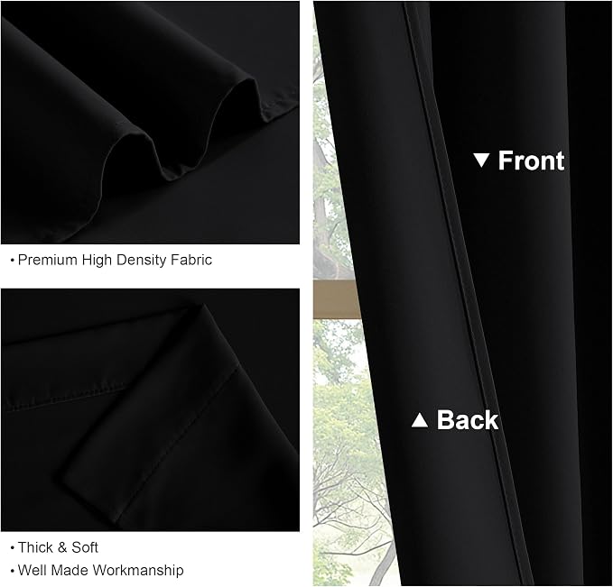 PONY DANCE Short Black Out Curtains 48 inch Long for Small Window, 2 Panels | Rod Pocket Privacy Bathroom Draperies,Thermal Insulated Lighting Blocking Drapes for Basement(Black, W42 x L48 inches)
