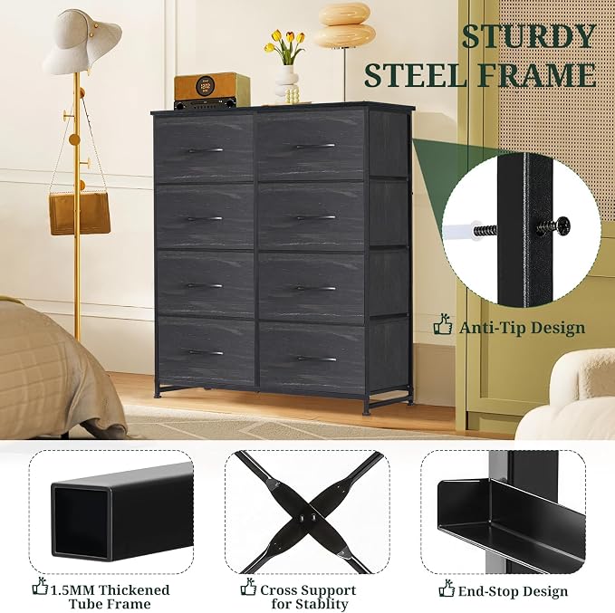 8-Drawer Dresser for Bedroom, Anti-Tip Tall Storage Organizer | Chest of Drawers with Wooden Top and Metal Frame Fabric Bins for Closet, Living Room, Hallway, Entryway, Charcoal Black