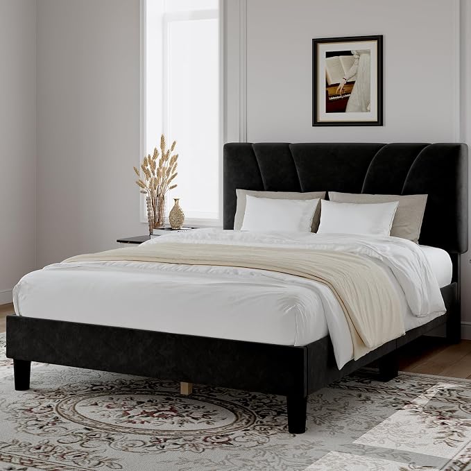 Novilla King Bed Frame and Headboard, King Bed Frame, Velvet Upholstered Bed Frames, No Box Spring Needed, Heavy Duty Feet, Easy Assembly, Black Velvet