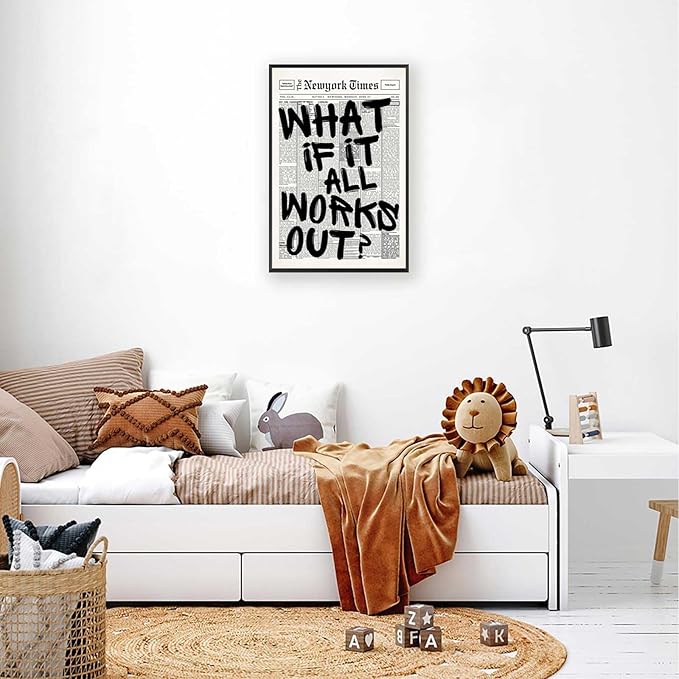 Retro Black And White Newspaper Poster What If It All Works Out Canvas Wall Art Positive Affirming Quote Minimalist Prints Painting For Home Bedroom Dorm Wall Decor 16x24in Framed