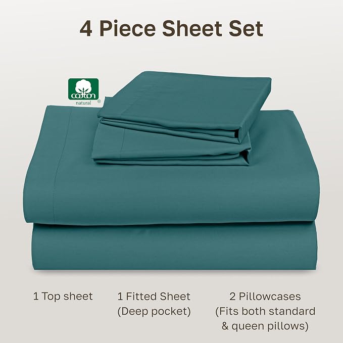 Soft Natural 100% Cotton Sateen Full Size Sheets, 4 Pc Set, Teal | Backed by Good Housekeeping Seal, Light & Breathable For Hot Sleepers, 14" Deep Pocket, All-Around Elastic, Durable