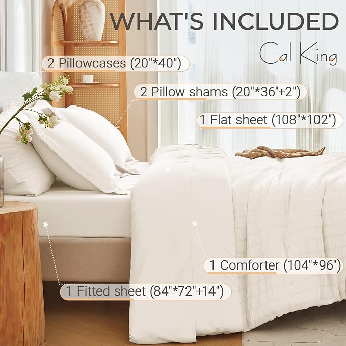 7 Pieces California King Comforter Set, Seersucker Bed in a Bag Cal King Size, All Season Luxury Bedding Set with Comforter, Flat Sheet, Fitted Sheet, Pillowcases & Shams, Ivory