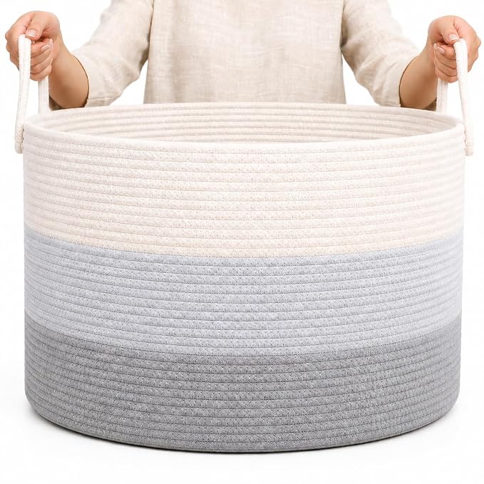 OrganiHaus Round Toy Basket & Blanket Basket, Cotton Rope 20x13" | 3-Toned Gray - Round Cotton Rope Basket, 20x13"