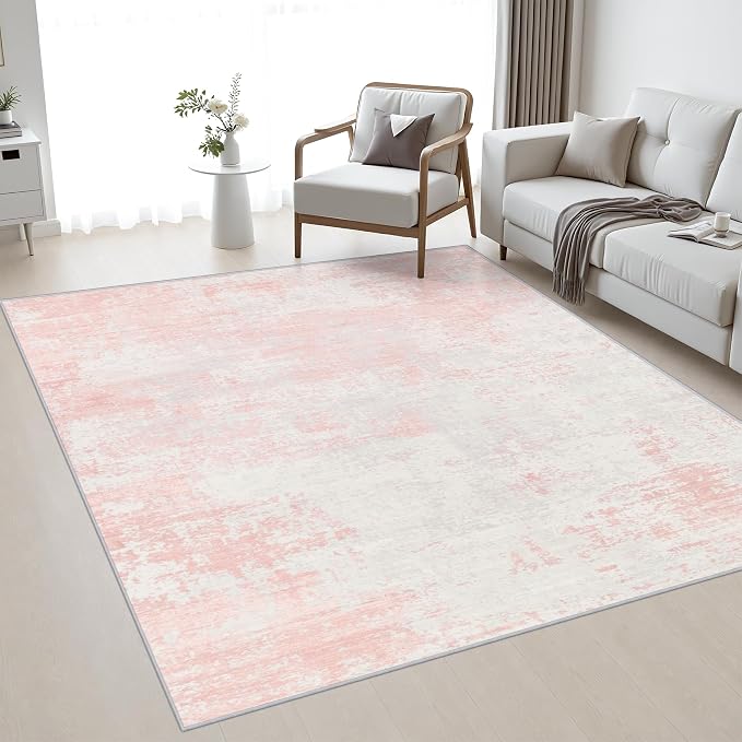 Area Rug Living Room: 4x4 Modern Washable Soft Carpet Pink White | For Bedroom Dining Room Farmhouse Nursery Hallway Office,Modern Abstract,Machine washable,Non-Slip,Stain Resistant,Indoor