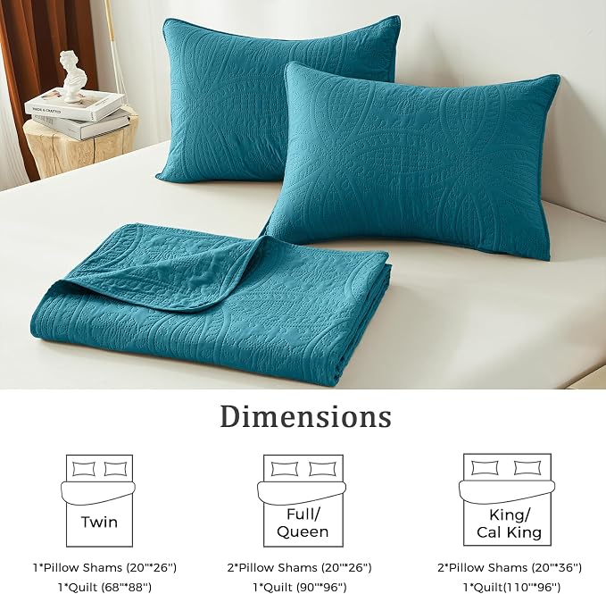 akkialla Teal King/Cal King Quilt Set, Ultrasonic Lightweight Bedspread Coverlet for Modern Minimalist Bedroom, Soft Microfiber Coin Pattern Bedding, 3-Piece (1 Quilt, 2 Pillow Shams) | Breathable fabric