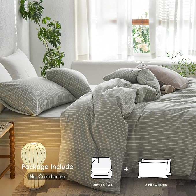 MooMee Striped Duvet Cover Set 100% Washed Cotton Linen Like | Relaxed Linen-like Texture. Soft, Breathable & Long-lasting Comfort. Lightweight. Hidden Zipper with 8 Interior Corner Ties