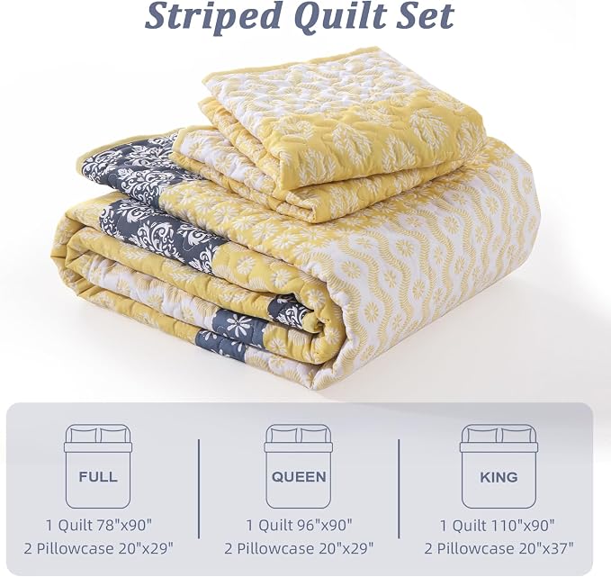 Cottolester Boho Queen Size Quilt Set, Yellow Striped Bedspread Bedding | Soft Microfiber Coverlet,Breathable All-Season,Machine Washable,3-Piece Set,Fits Queen 96"x90",Cozy Essential for Men Women