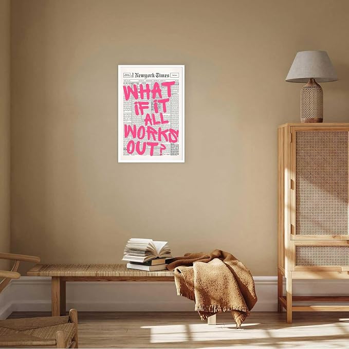 Drimiler Retro Newspaper Pink Font Poster What If It All Works Out Canvas Wall Art Positive Affirming Quote Minimalist Prints Painting For Home Bedroom Dorm Wall Decor 24x36in Unframed