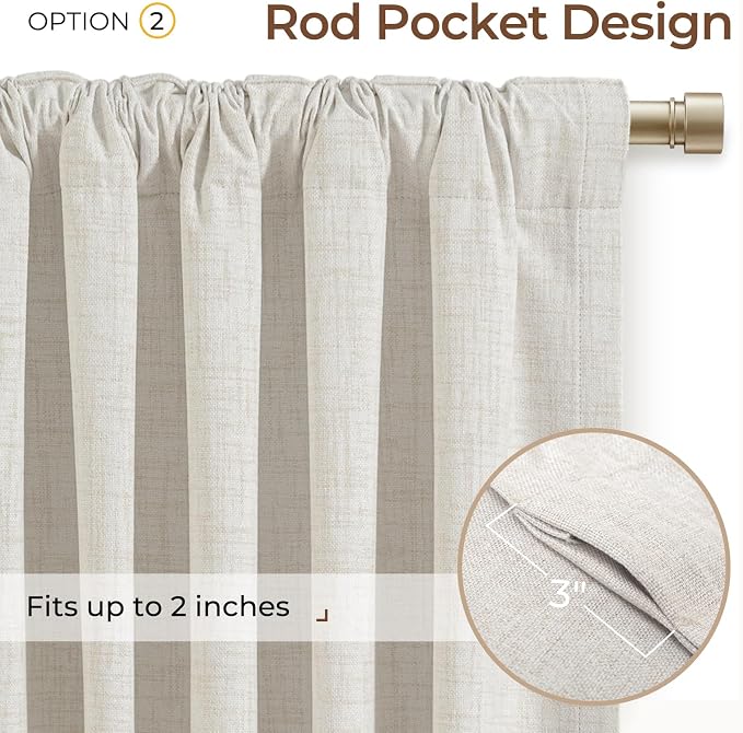 INOVADAY Extra Wide 100% Blackout Linen Curtains for Bedroom 102x108 Beige | Linen Textured, Light Blocking, Room Darkening, Thermal Insulated, Back Tab Top, Window Curtains for Sliding Door, 1 Panel