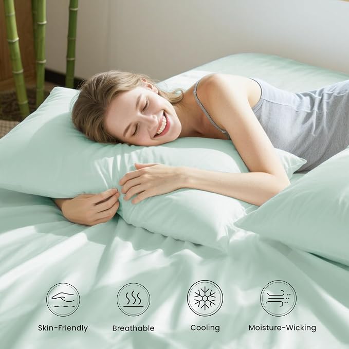 Love's cabin 4 Piece Queen Sheet Set, 100% Rayon Derived from Bamboo, Cooling & Breathable, Soft Silky Deep Pocket up to 16", Hotel Luxury Bedding for Hot Sleepers, Sea Glass