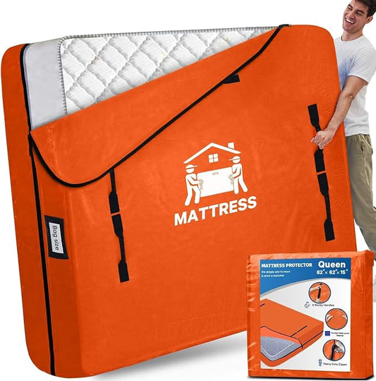 Mattress Bags for Moving, BETU Mattress Protector Waterproof Mattress Cover Queen Size Storage Bags with 8 Heavy-Duty Handles and Zipper for Bed Extra Thick Large Reusable (82"x62"x15" Orange)