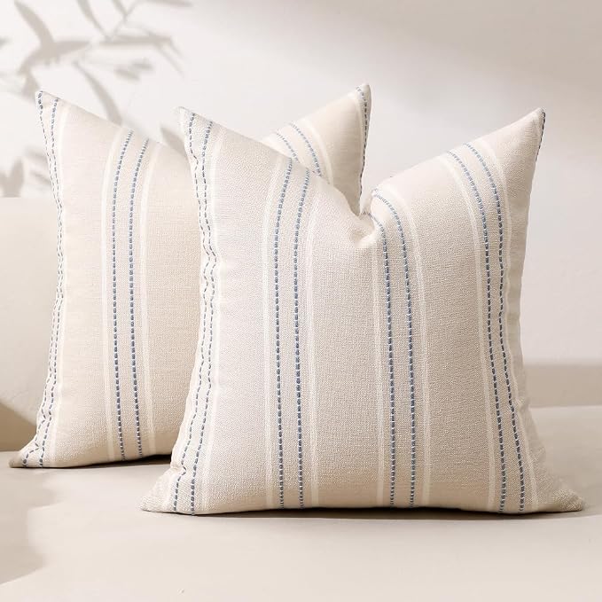 Hckot Dusty Blue Throw Pillows Covers 20x20 Linen Stripe Pillow Covers | Set of 2 Farmhouse Decorative Pillows Textured Square Cushion Covers for Sofa Couch Bed Living Room Decor