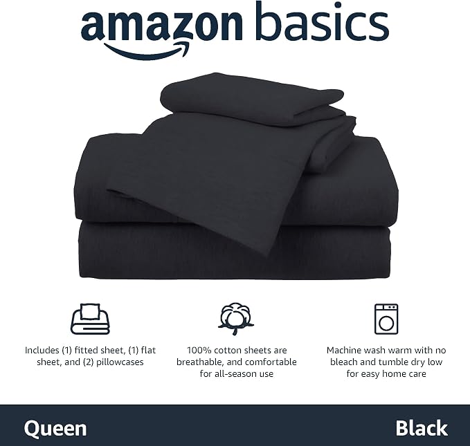 Amazon Basics 4 Piece Breathable Cotton Jersey Bed Sheet Set, Stretchy Flat and Fitted Sheets with Pillowcase, Queen, Black, Solid