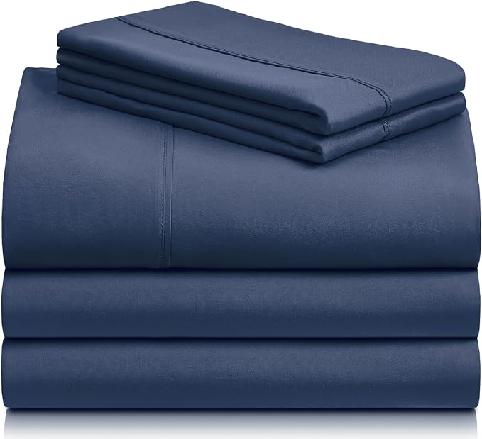 LuxClub 5 PC Split King Sheet Set, Deep Pockets Wrinkle Free Cooling Bed Sheets Hotel Bedding for Women, Men, Includes 2 Fitted Sheet, 1 Flat Sheet and 2 PillowcasesSoft Navy | LuxClub Silky Fitted Sheet & Pillowcase Sets, Breathable Hotel Luxury Beddi...