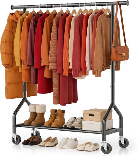 Rolling Clothes Rack with Shelf, Garment Rack Load 210Lbs, Black | Sturdy Bottom Shelf, Lockable Wheels, Heavy Duty, Freestanding Rack, for Bedroom, Laundry, Small Spaces