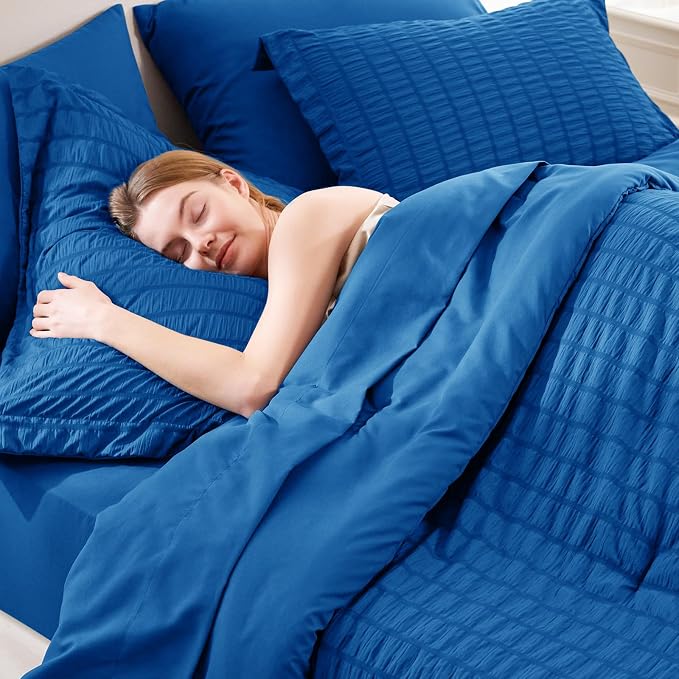 King Comforter Set, 7 Pieces Classic Blue Seersucker Bed in a Bag | OEKO-TEX Certified, All Season Bedding Set with 240 GSM Down Alternative Comforter, Flat & Fitted Sheets, Pillowcases & Shams