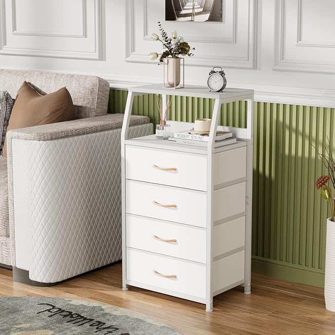 Furnulem Tall Nightstand with 4 Fabric Drawers, Small Dresser for Bedroom | White Dorm Bedside Table , Dresser for Closet, Storage Drawer for Living Room, Entryway, Furniture, Metal Frame, Wood Top