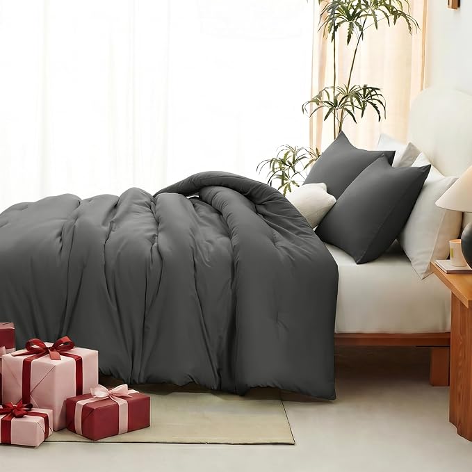 King Comforter Set, 3 Pieces Down Alternative Bedding, Dark Grey | 270 GSM All Season Comforter with 4 Corner Ties for Use as a Duvet Insert, OEKO-TEX Certified, 2 Pillowcases, 102 x 90 in