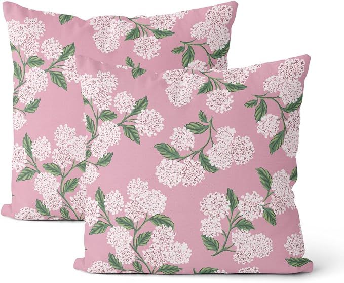 Pink Pillow Covers 18x18 Inch 2 Pcs Preppy Pink Green Hydrangea Flower Decor Throw Pillows Vintage Floral Seasonal Spring Summer Outdoor Decoration Pillowcase Linen Cushion Cover for Couch Sofa