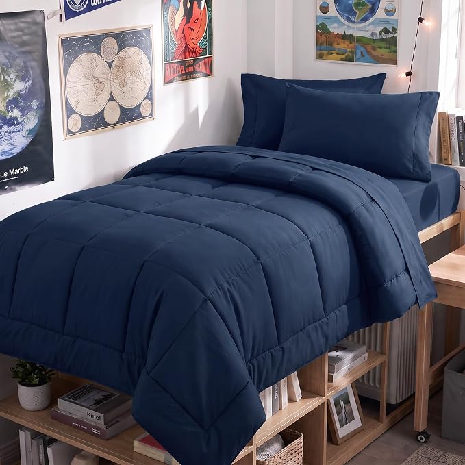 Twin XL Comforter Set Navy Blue - 5 Pieces Twin XL Bed in a Bag | College Dorm Essentials, OEKO-TEX Certified, All Season, Down-Alternative Comforter + Flat & Fitted Sheets + 2 Pillowcases