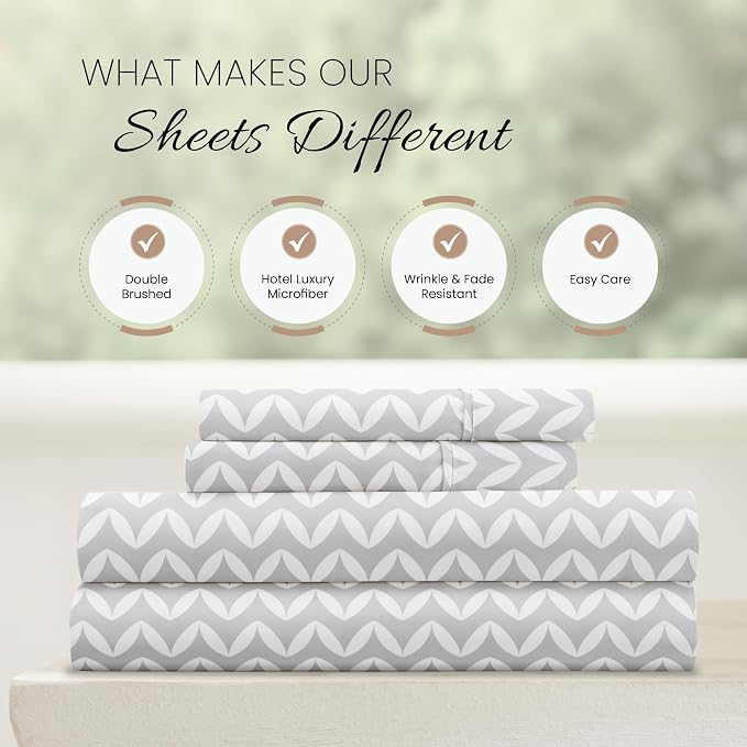 Linen Market Double-Brushed Patterned Microfiber King Sheet Set 4 Piece – Oeko-TEX Certified Ultra Soft & Wrinkle-Free - 16" Deep Pocket Sheets - Easy Care King Size - Puffed Chevron Light Gray
