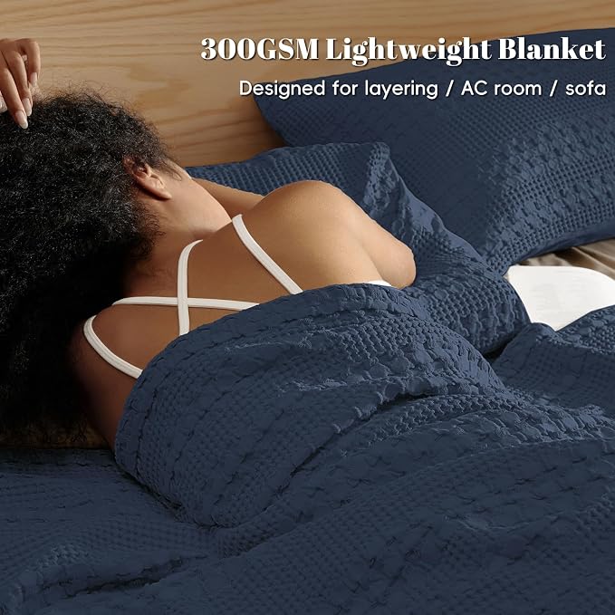 PHF Lightweight 100% Cotton Waffle Blanket, Oversized King, Indigo | Pre-Washed Soft Cotton Comfor, Extra Large 10'x10' Blanket, Giant Big Luxury Aesthetic Woven Bedding for Home Decor