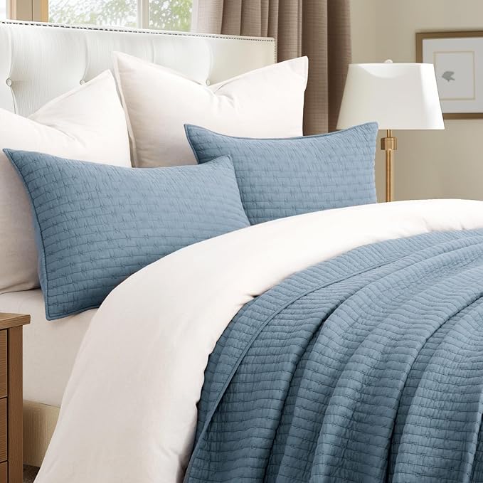x Kinsey Walsh 100% Cotton Cross Stitch Quilt, King, Dusty Blue | 100% Cotton, Elegant Cross Stitch, Soft & Breathable, Prewashed Softness, Oversized Design, OEKO-TEX® Certified