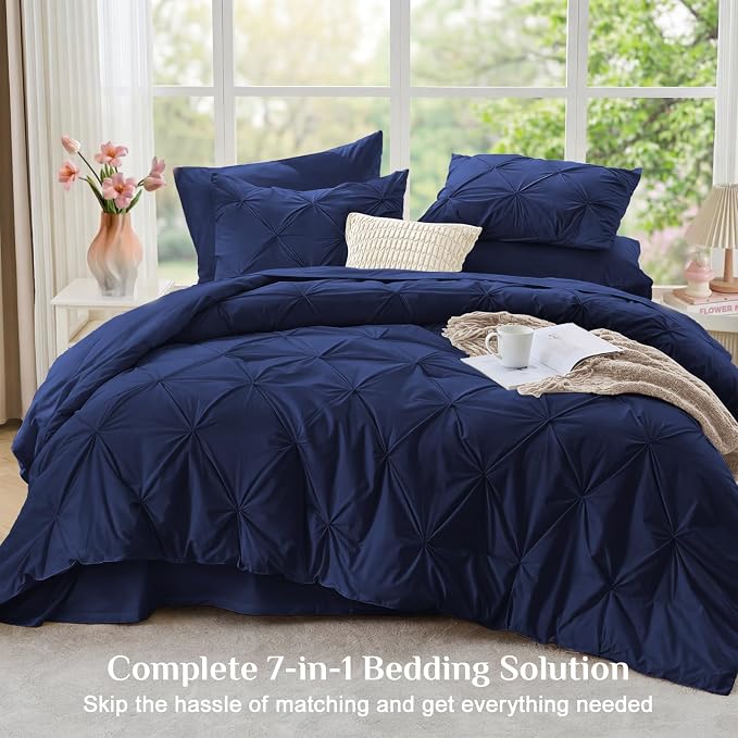 JOLLYVOGUE King Size Comforter Set 7 Pieces - Bed in a Bag King for All Season, Pintuck Bedding Comforter Sets with Comforter, Flat Sheet, Fitted Sheet and Pillowcases & Shams, Navy