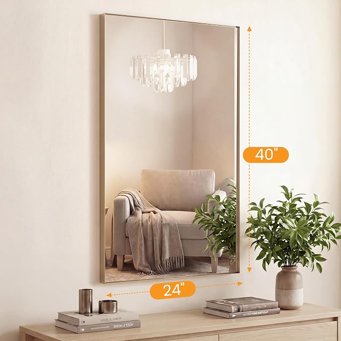 Sweetcrispy Gold Bathroom Mirrors for Over Sink, 24" x 40" Rectangle | Wall Mount Mirror with Metal Frame, Modern Vanity Mirror with Tempered Glass, for Home Decor, Anti-Rust