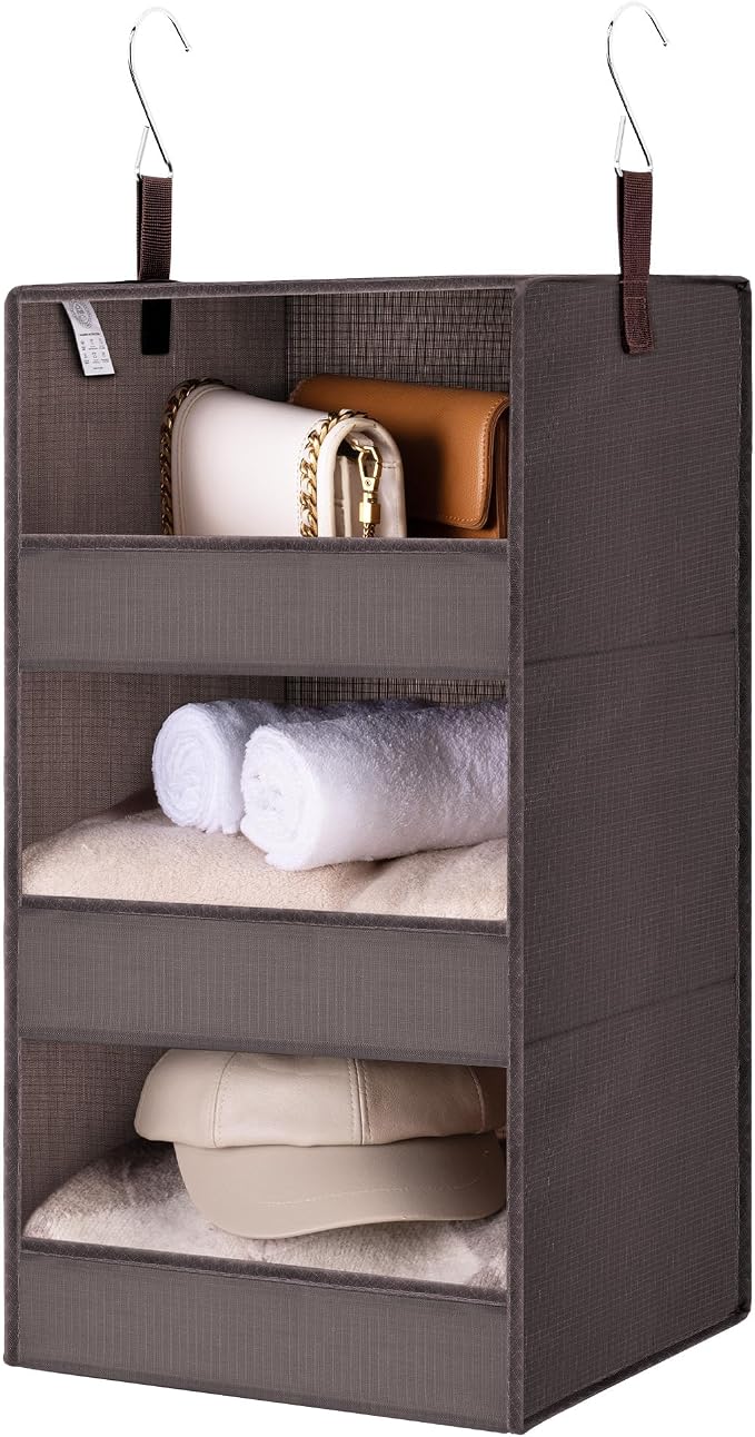 GRANNY SAYS 3-Shelf Hanging Closet Organizer, Foldable Storage, Dark Brown | 33 lb Capacity, No-Sag Support, Keeps Clothes Neat, Folds Flat, Fits RV, Dorm & Small Closets