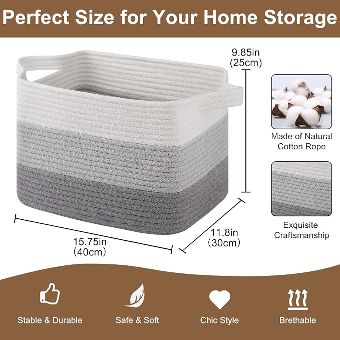 OIASKET Storage Basket for Organizing, Woven Baskets for Storage, Rectangle Decorative Baskets for Shleves, Closet, Toys, Books, Nursery Organizer Bins - Pack of 3 (Gradient Gray, 15.75"x11.8"x9.85")