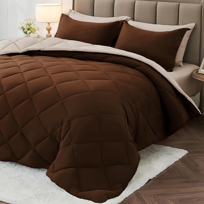 7 Pieces Full Comforter Set, Reversible Bed in a Bag Full Size, All Season Bedding Set with Comforter, Flat Sheet, Fitted Sheet, Pillowcases & Shams, Brown & Khaki