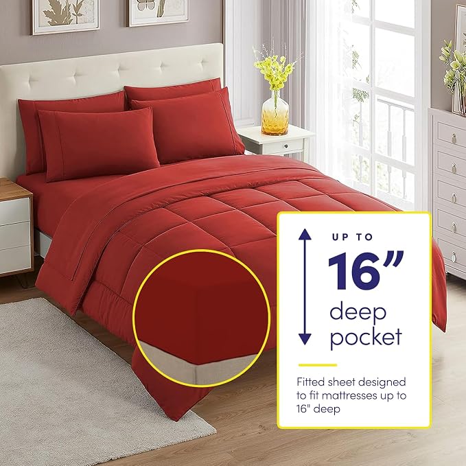 Sweet Home Collection 7 Piece Comforter Set Bag Solid Color All Season Soft Down Alternative Blanket & Luxurious Microfiber Bed Sheets, Red, Queen