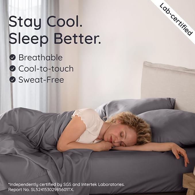 Bambaw 100% Viscose Derived from Bamboo Sheets California King Size Set – 4pcs Cooling Sheets For Night Sweats, Extra Soft Sheet Set, Deep Pocket Fits Up to 16'' With Elastic Corner Straps (Dark Gray)