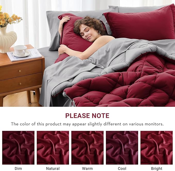 7 Pieces King Comforter Set, Reversible Bed in a Bag King Size, All Season Bedding Set with Comforter, Flat Sheet, Fitted Sheet, Pillowcases & Shams, Burgundy & Grey