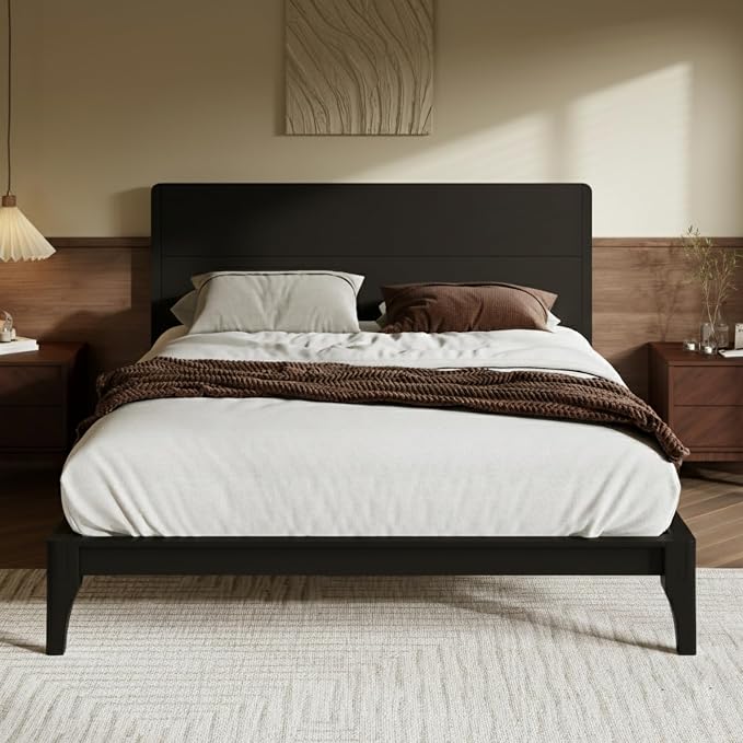 Merax Full Size Bamboo Platform Bed Frame with Tall Headboard, Black | Mid-Century Modern Solid Bedframe Full-Size, Wood Slat Support, No Box Spring Needed, Easy Assembly, Noise Free